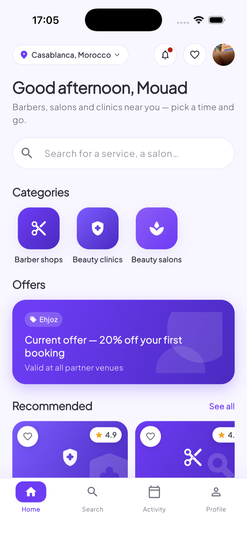 Ehjoz client home: categories, offers and recommended venues