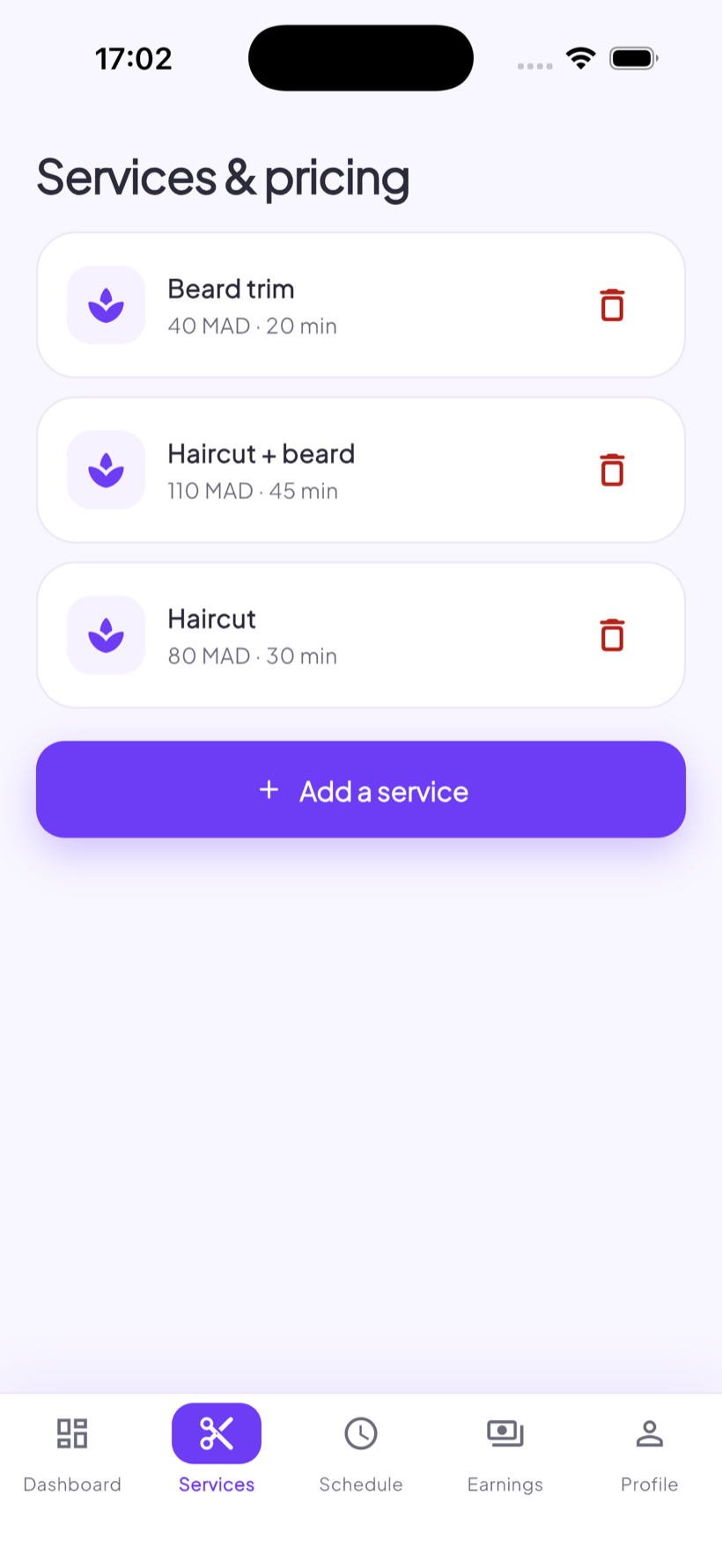 Owner dashboard: services & pricing